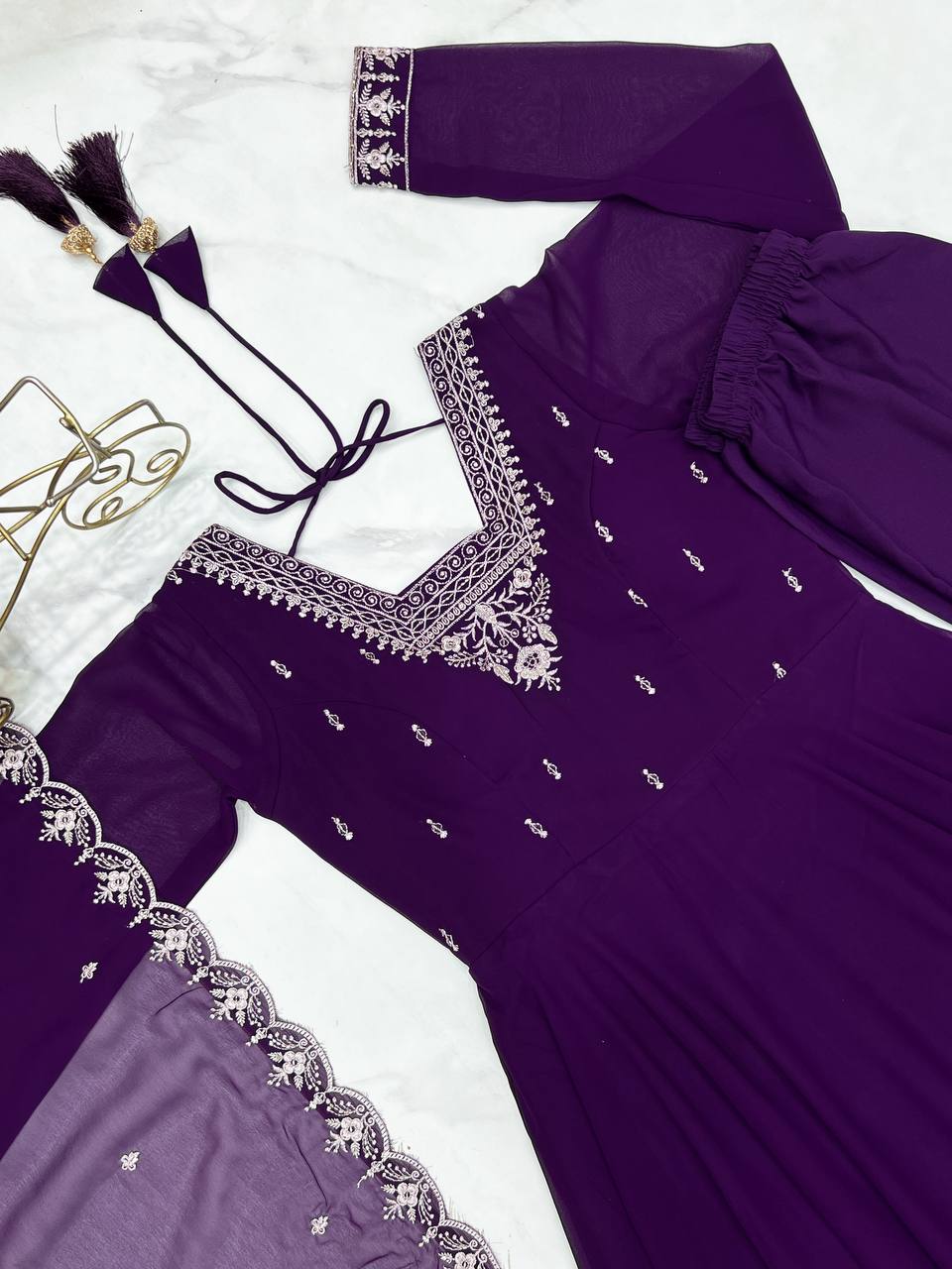Purple Premium Soft Fox Georgette Fully Flared Anarkali Set with Dupatta & Pant