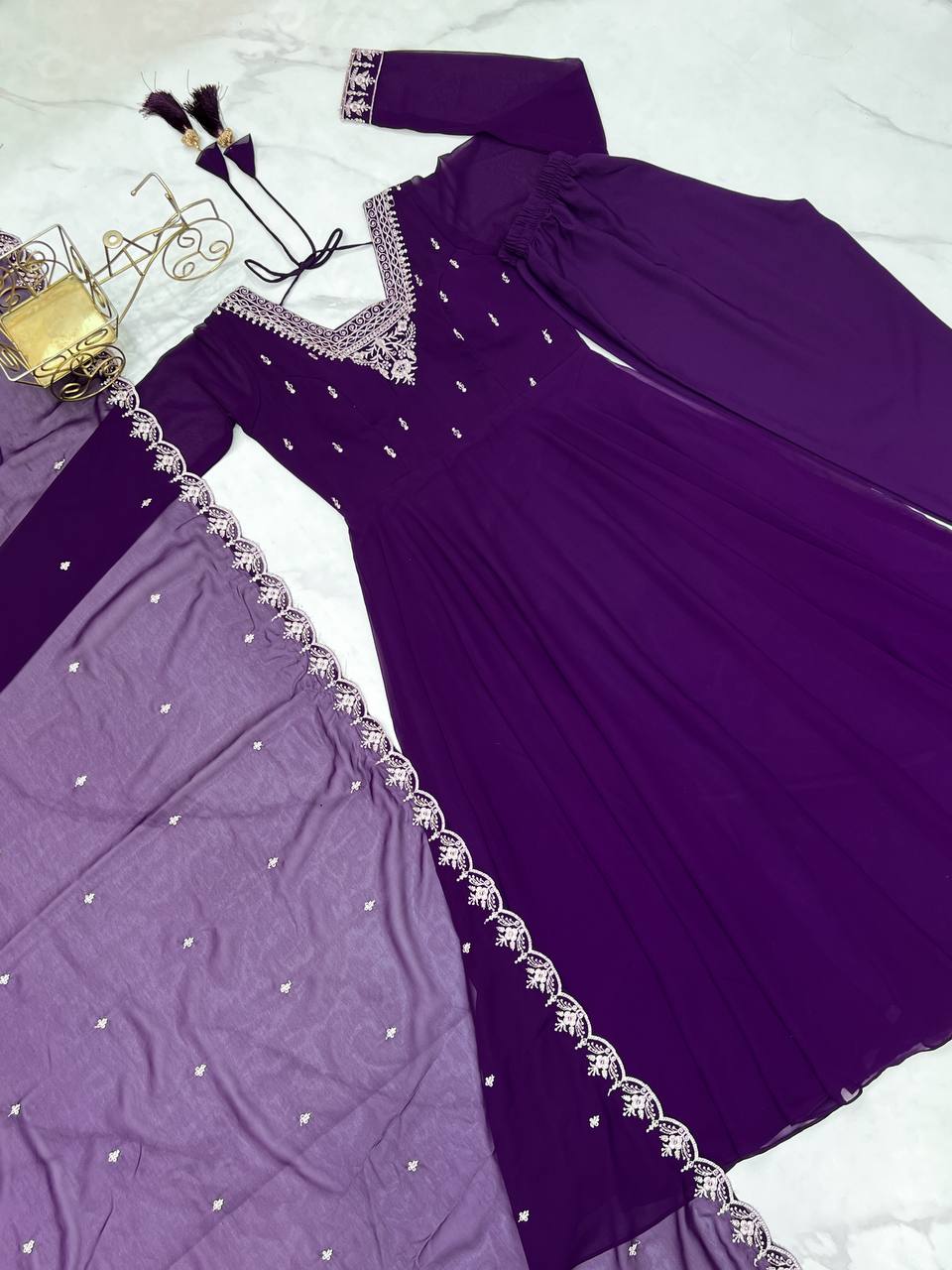 Purple Premium Soft Fox Georgette Fully Flared Anarkali Set with Dupatta & Pant