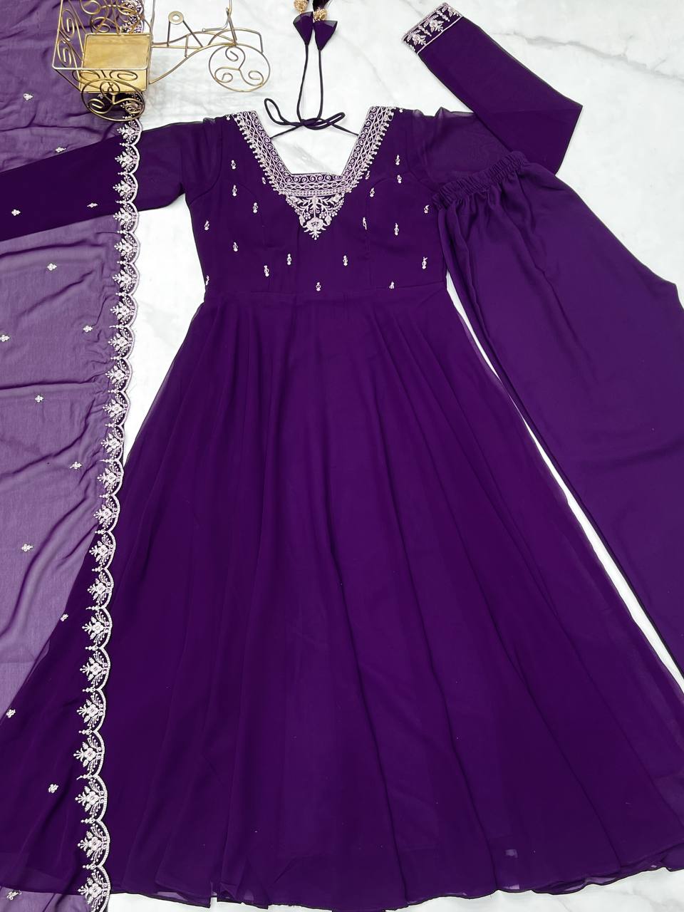 Purple Premium Soft Fox Georgette Fully Flared Anarkali Set with Dupatta & Pant