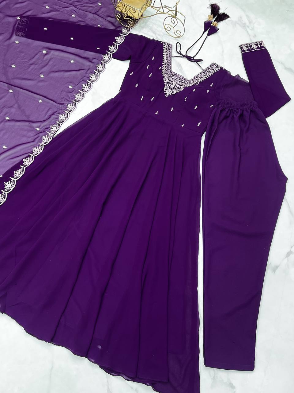 Purple Premium Soft Fox Georgette Fully Flared Anarkali Set with Dupatta & Pant
