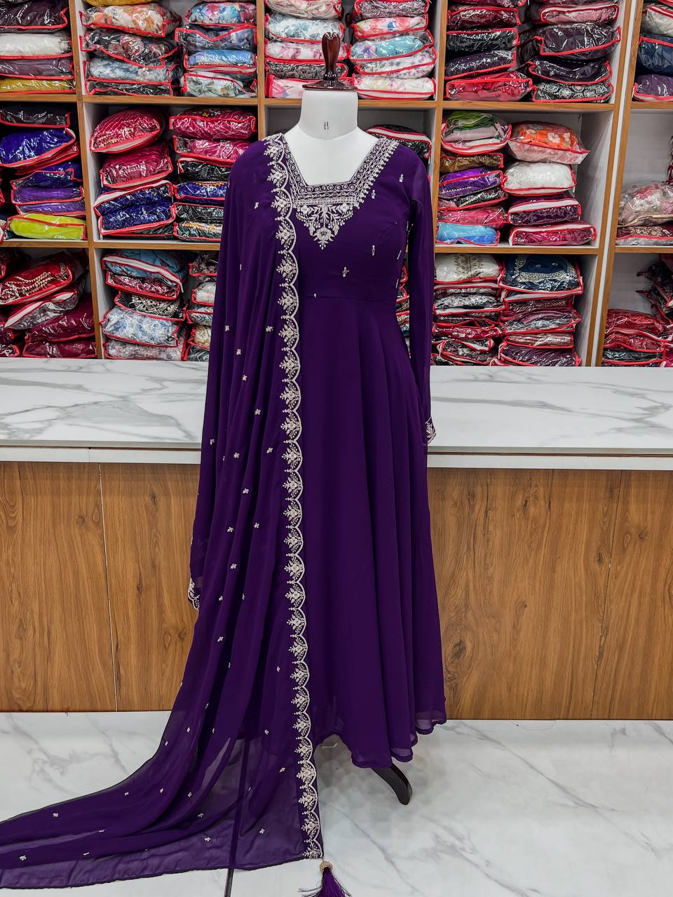 Purple Premium Soft Fox Georgette Fully Flared Anarkali Set with Dupatta & Pant