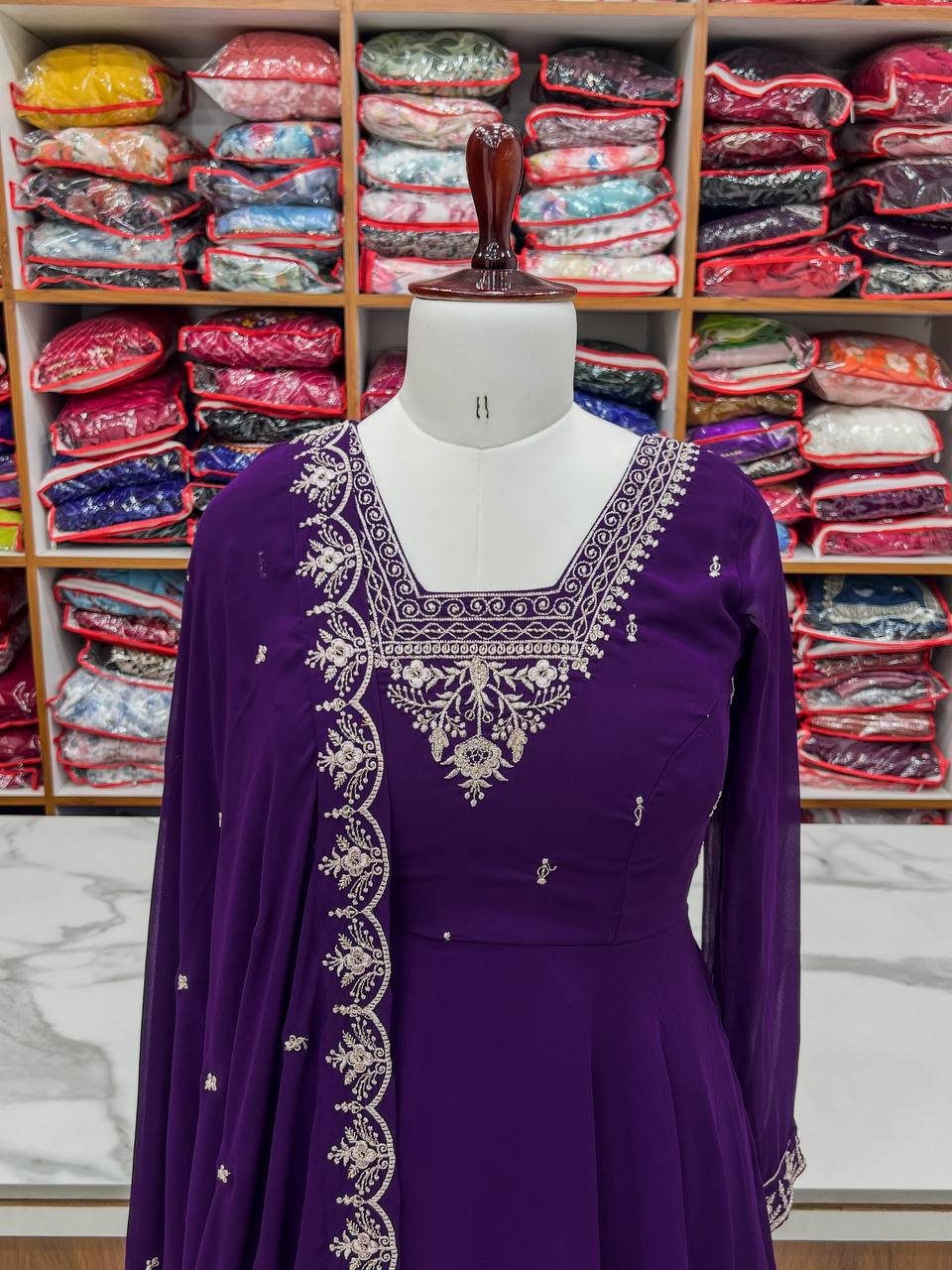 Purple Premium Soft Fox Georgette Fully Flared Anarkali Set with Dupatta & Pant