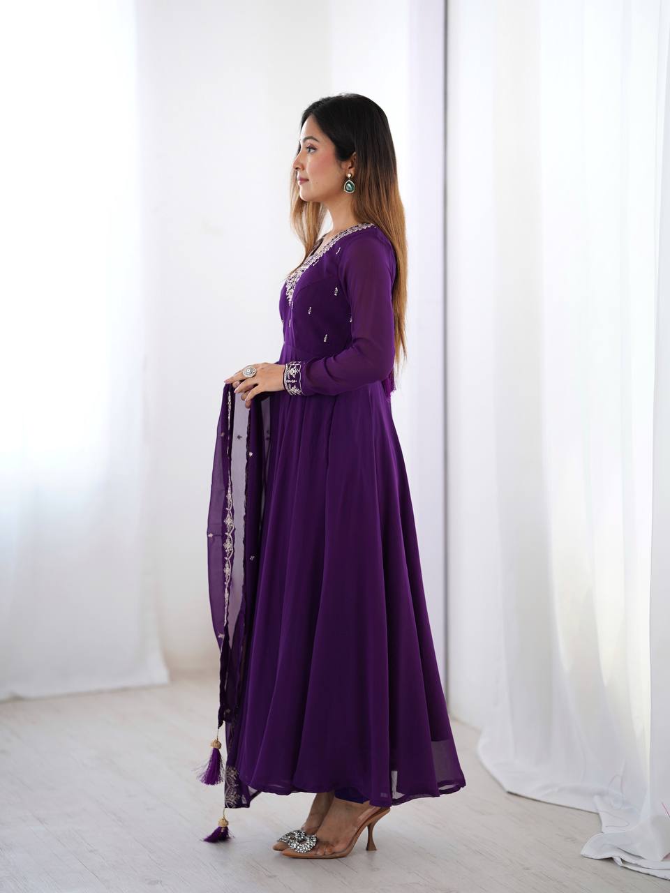 Purple Premium Soft Fox Georgette Fully Flared Anarkali Set with Dupatta & Pant