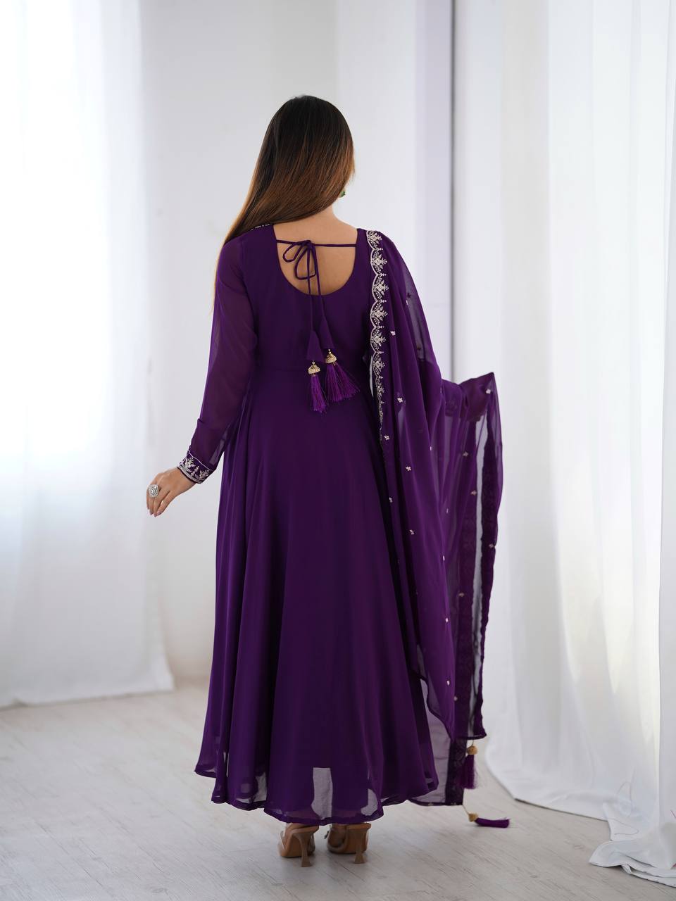 Purple Premium Soft Fox Georgette Fully Flared Anarkali Set with Dupatta & Pant