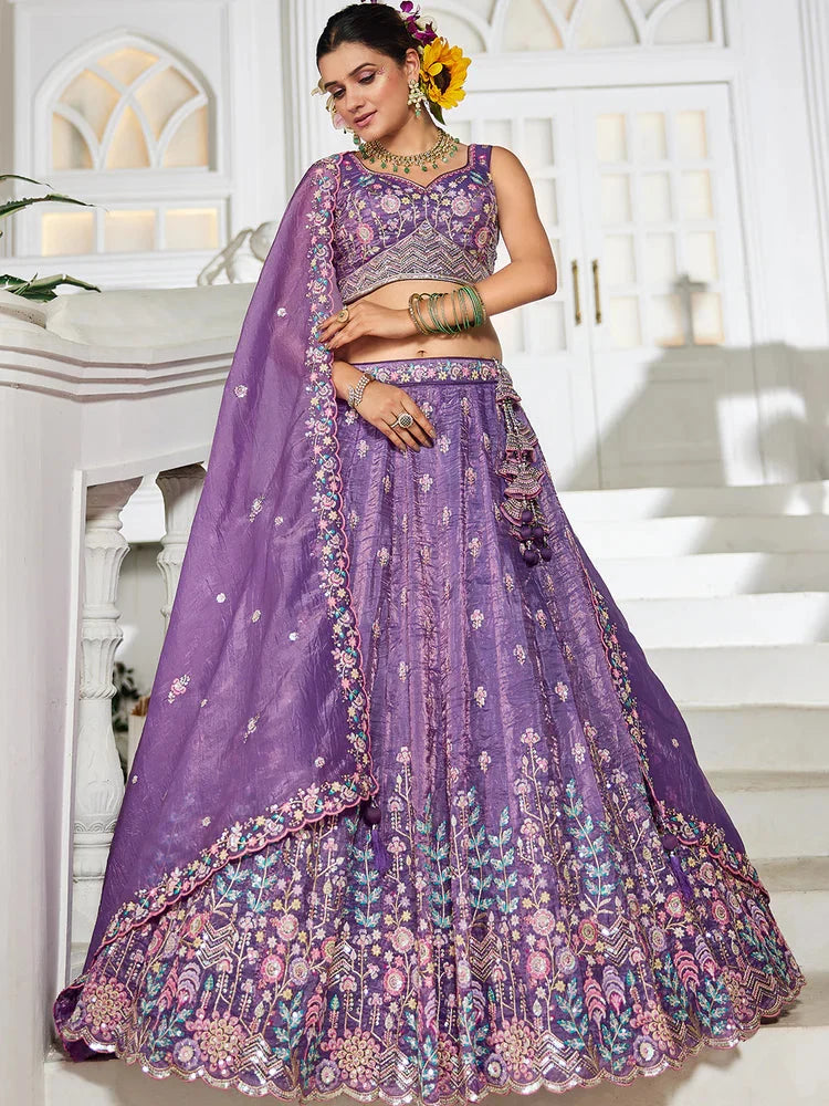 Purple Premium Tissue Fabric Semi-Stitched Lehenga Set with Sequins, Coding & Thread Embroidery Work