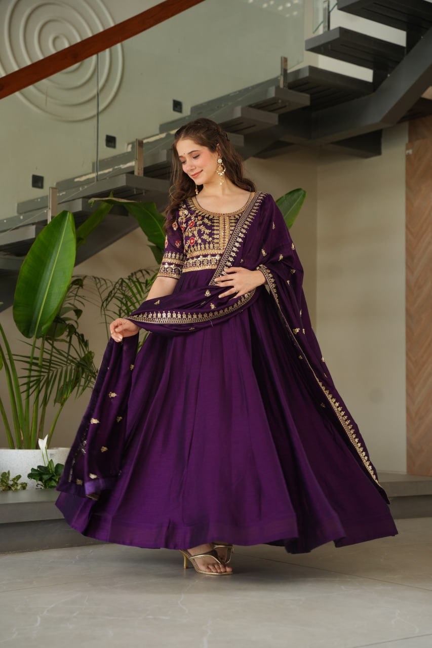 Purple Premium Vichitra Silk Gown with Sequins & Zari Embroidery