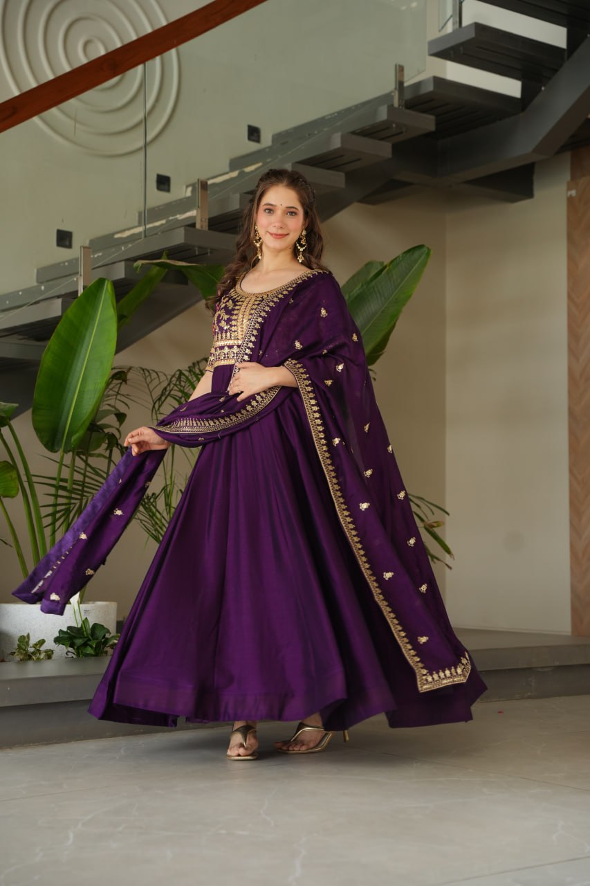 Purple Premium Vichitra Silk Gown with Sequins & Zari Embroidery