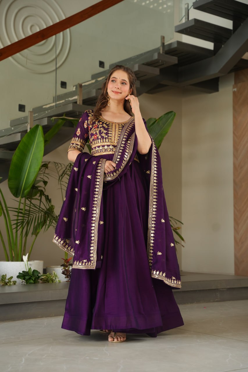 Purple Premium Vichitra Silk Gown with Sequins & Zari Embroidery