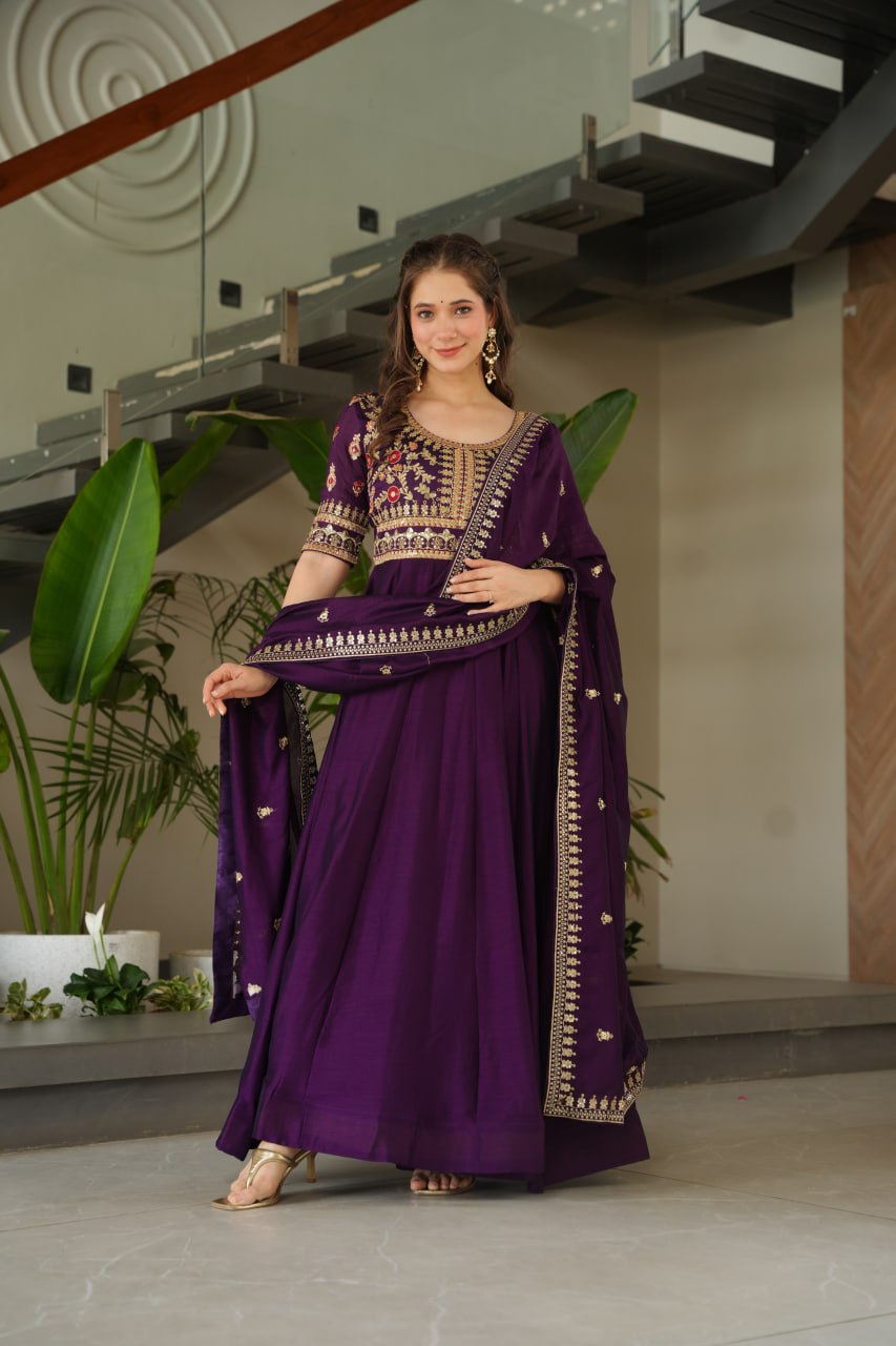 Purple Premium Vichitra Silk Gown with Sequins & Zari Embroidery