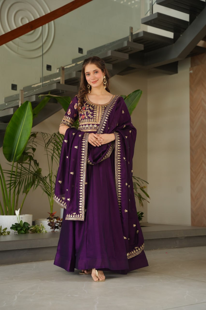 Purple Premium Vichitra Silk Gown with Sequins & Zari Embroidery