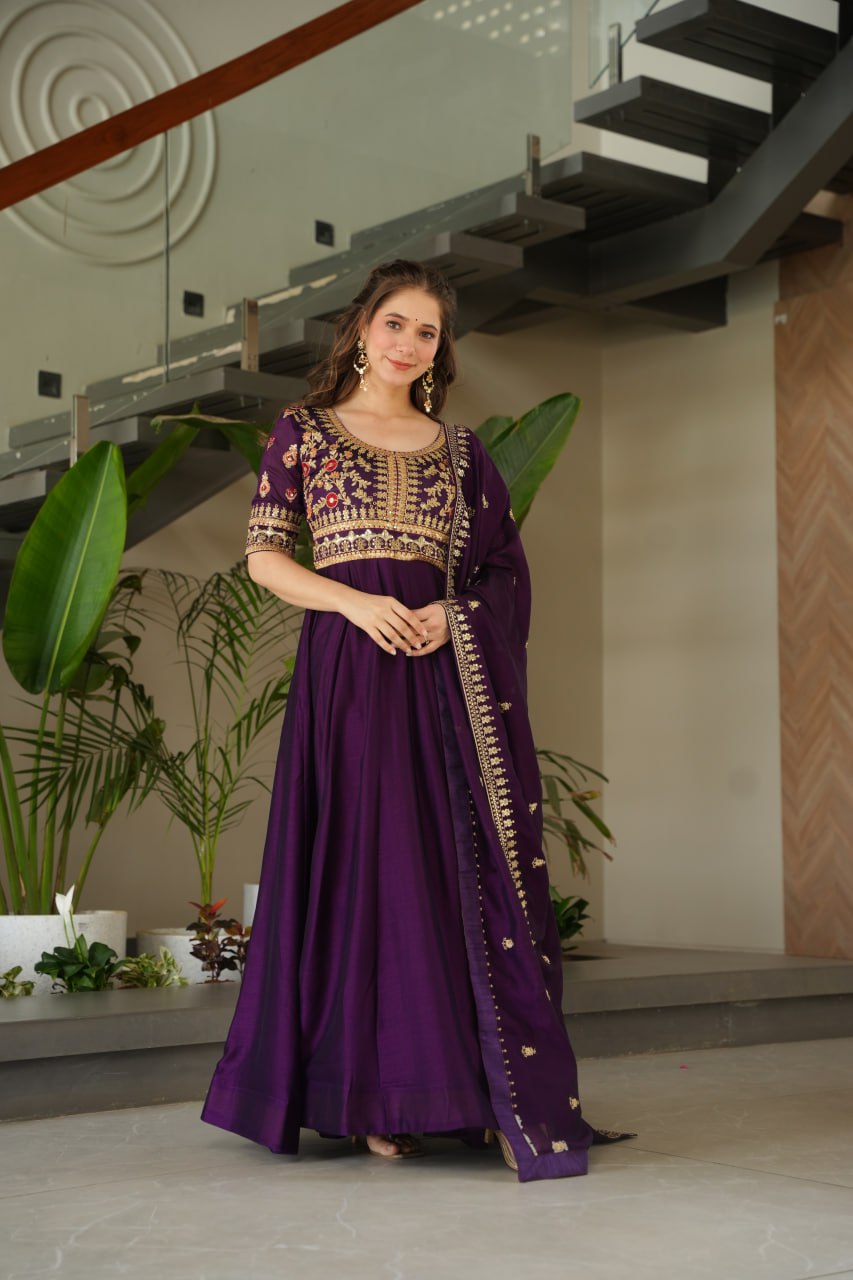 Purple Premium Vichitra Silk Gown with Sequins & Zari Embroidery