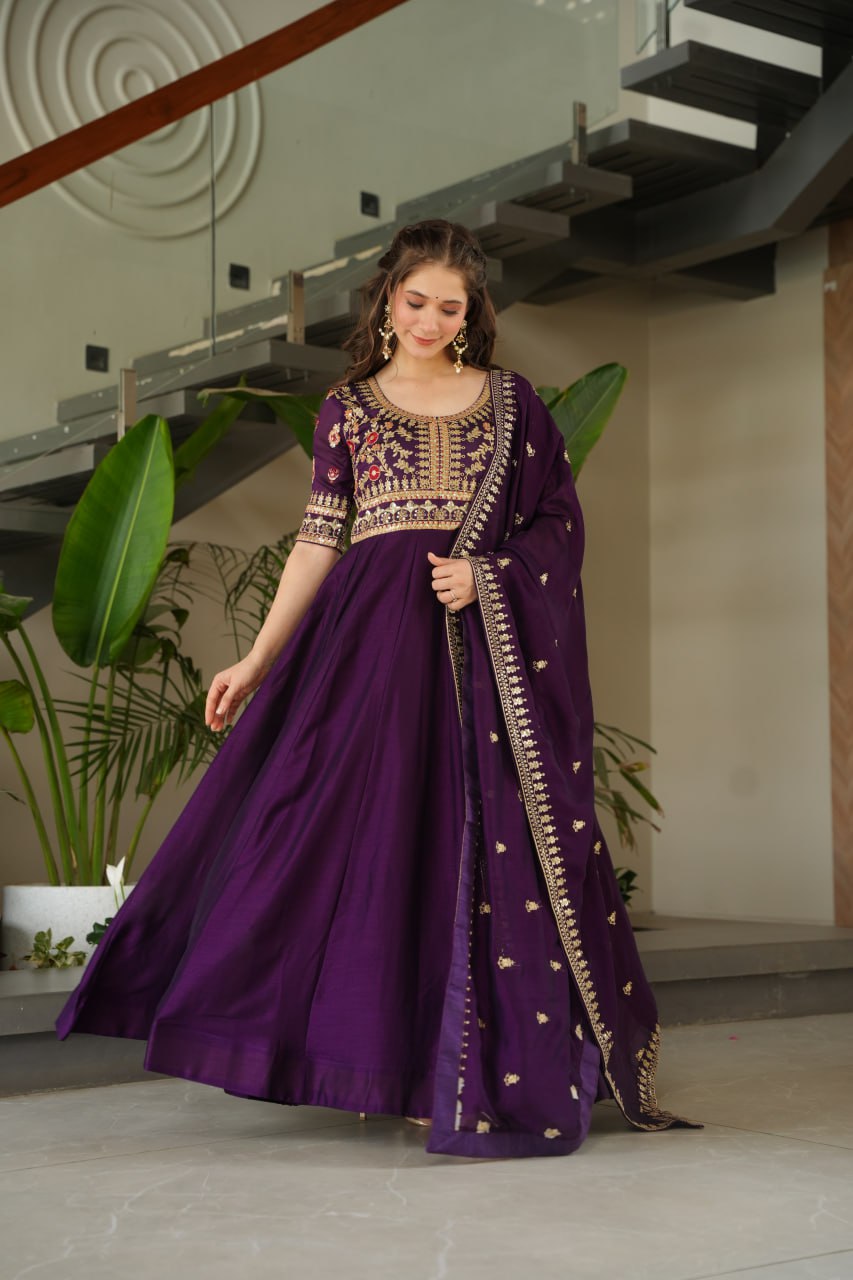 Purple Premium Vichitra Silk Gown with Sequins & Zari Embroidery