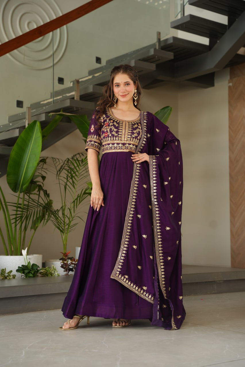Purple Premium Vichitra Silk Gown with Sequins & Zari Embroidery
