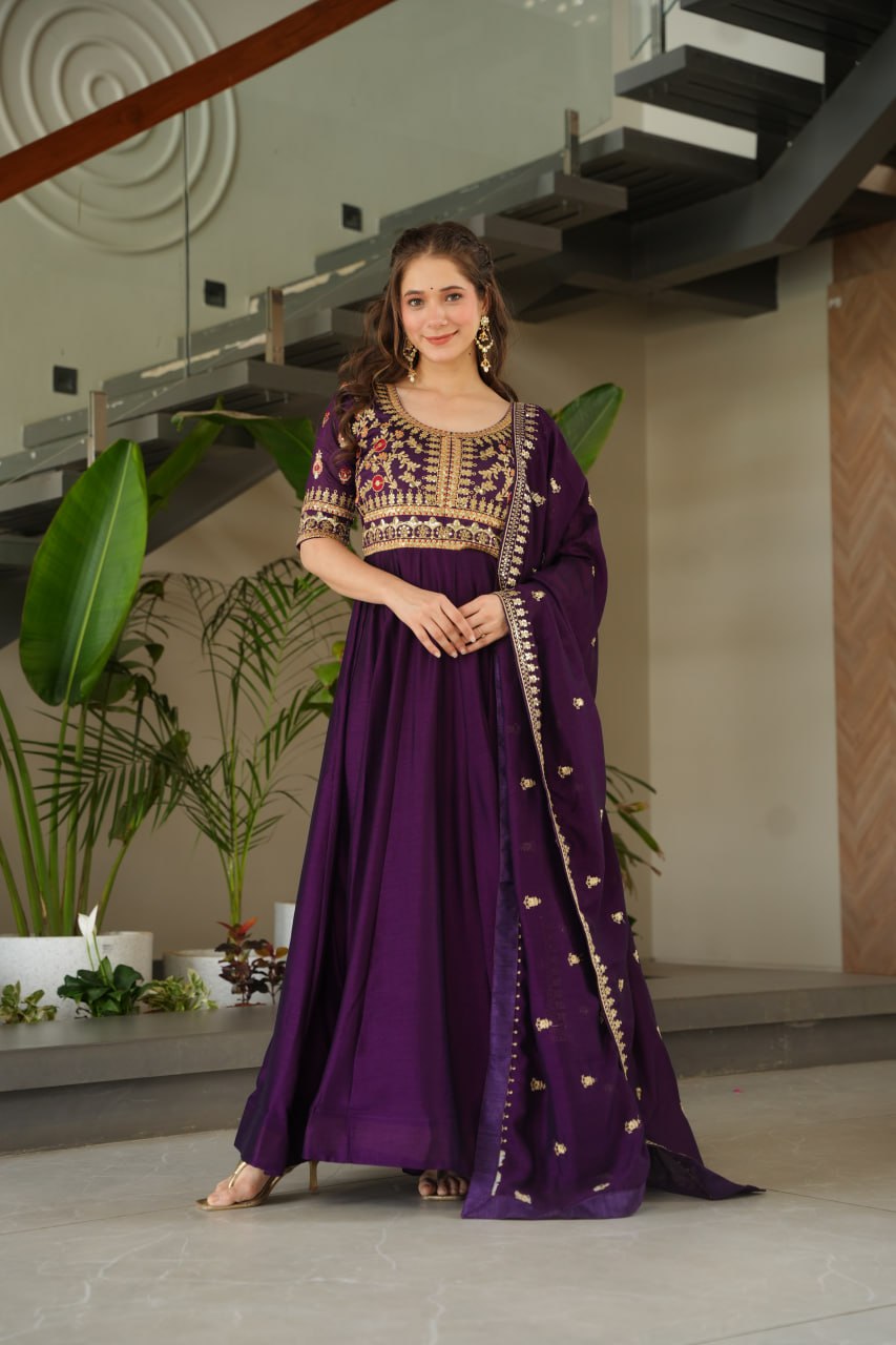 Purple Premium Vichitra Silk Gown with Sequins & Zari Embroidery