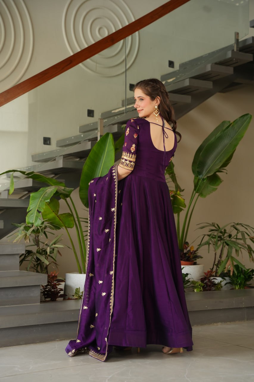 Purple Premium Vichitra Silk Gown with Sequins & Zari Embroidery