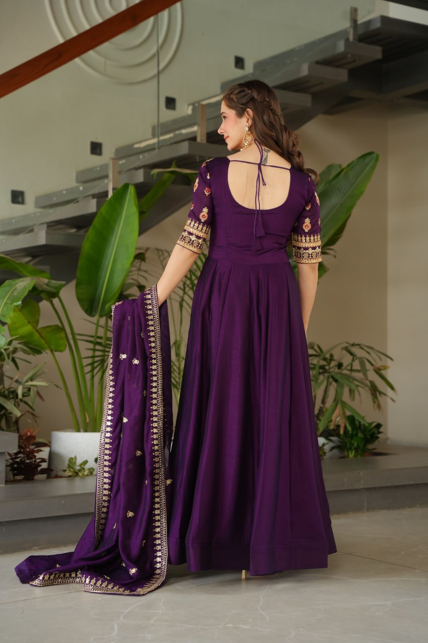 Purple Premium Vichitra Silk Gown with Sequins & Zari Embroidery