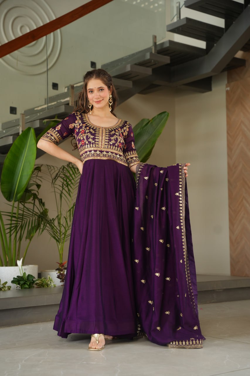 Purple Premium Vichitra Silk Gown with Sequins & Zari Embroidery
