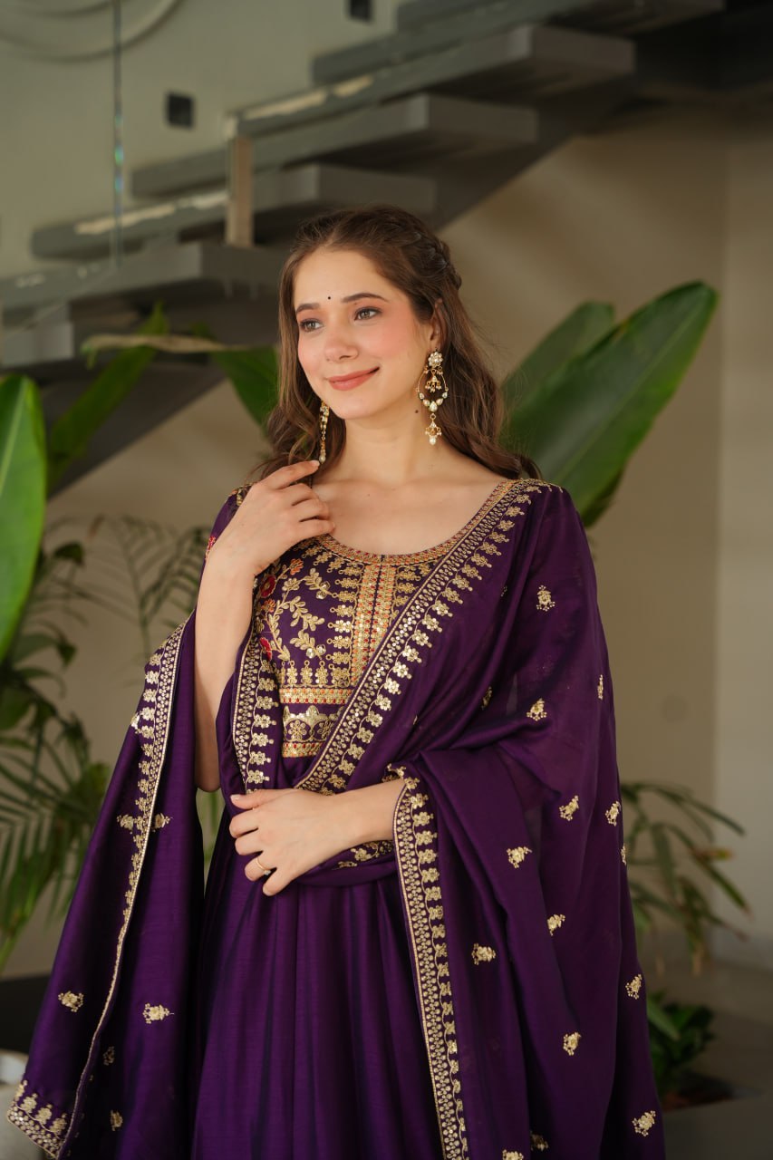 Purple Premium Vichitra Silk Gown with Sequins & Zari Embroidery