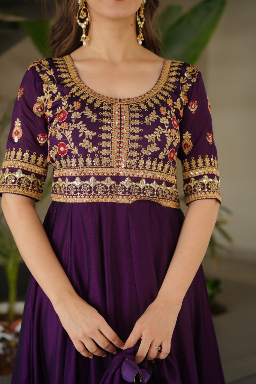 Purple Premium Vichitra Silk Gown with Sequins & Zari Embroidery