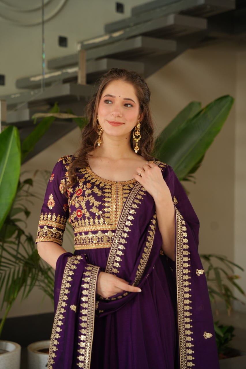 Purple Premium Vichitra Silk Gown with Sequins & Zari Embroidery