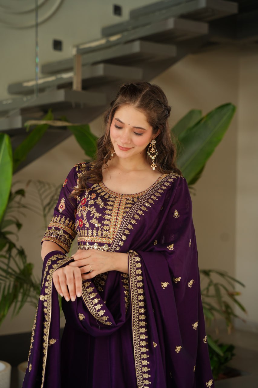 Purple Premium Vichitra Silk Gown with Sequins & Zari Embroidery
