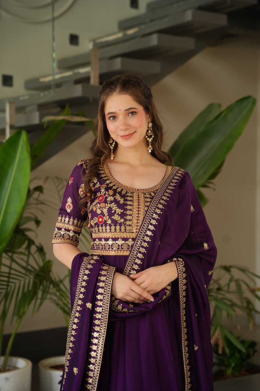 Purple Premium Vichitra Silk Gown with Sequins & Zari Embroidery