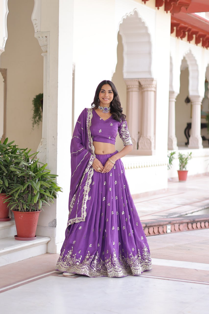 Purple Premium Vichitra Silk Sequins & Zari Multi-Embroidered Lehenga Choli Set