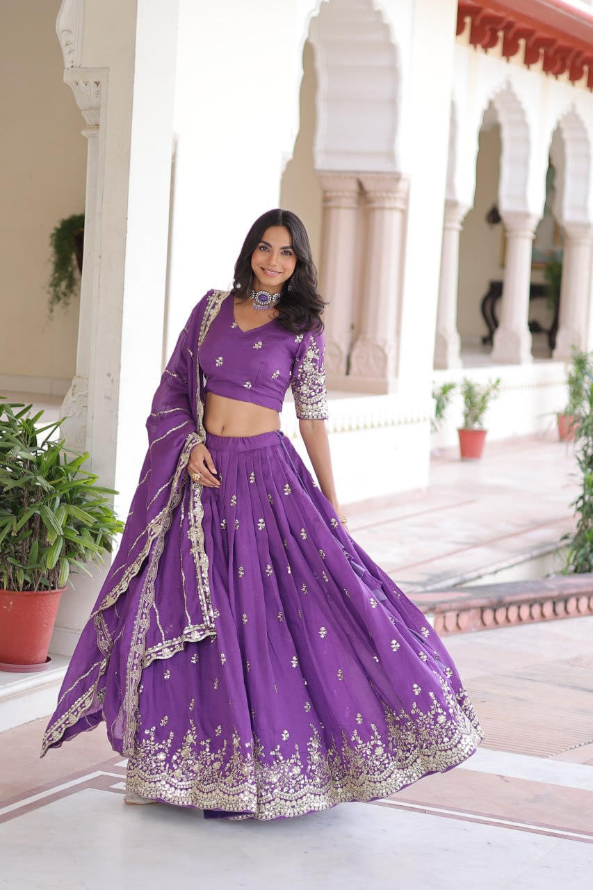 Purple Premium Vichitra Silk Sequins & Zari Multi-Embroidered Lehenga Choli Set