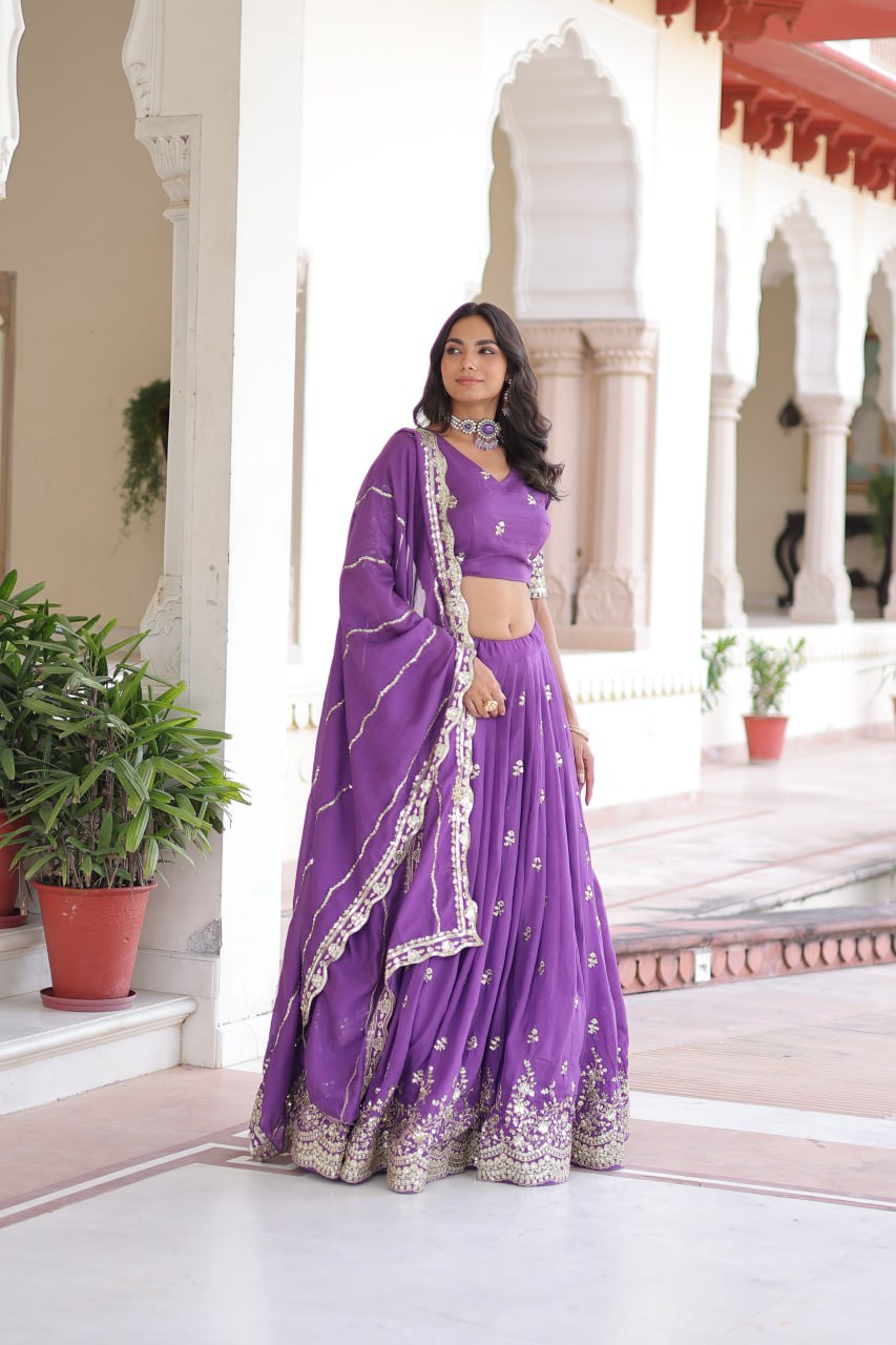 Purple Premium Vichitra Silk Sequins & Zari Multi-Embroidered Lehenga Choli Set