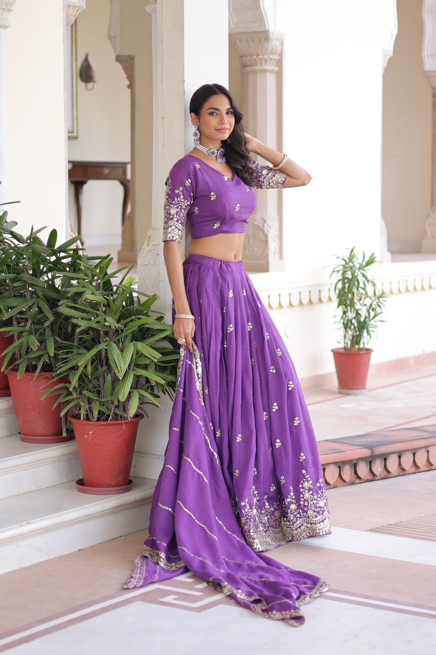 Purple Premium Vichitra Silk Sequins & Zari Multi-Embroidered Lehenga Choli Set