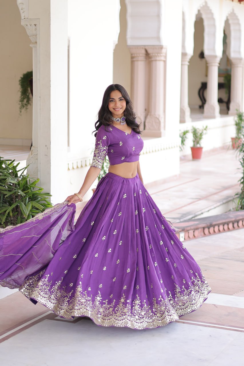 Purple Premium Vichitra Silk Sequins & Zari Multi-Embroidered Lehenga Choli Set