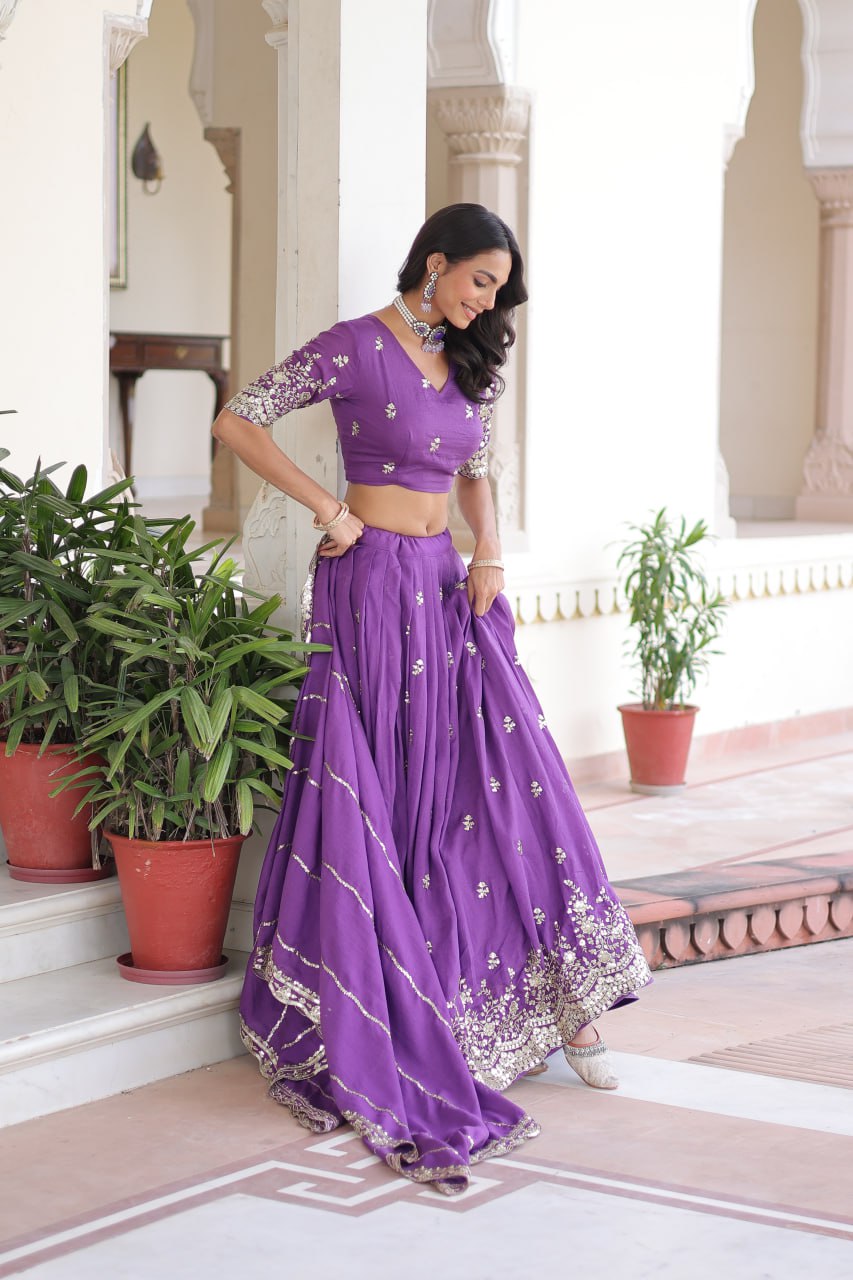 Purple Premium Vichitra Silk Sequins & Zari Multi-Embroidered Lehenga Choli Set
