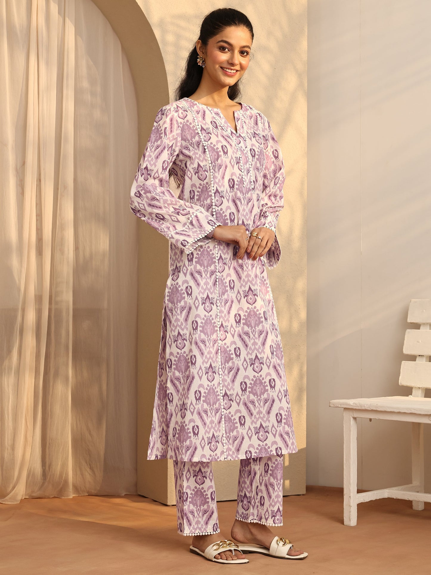 Libas Purple Printed Cotton A-Line Kurta Set