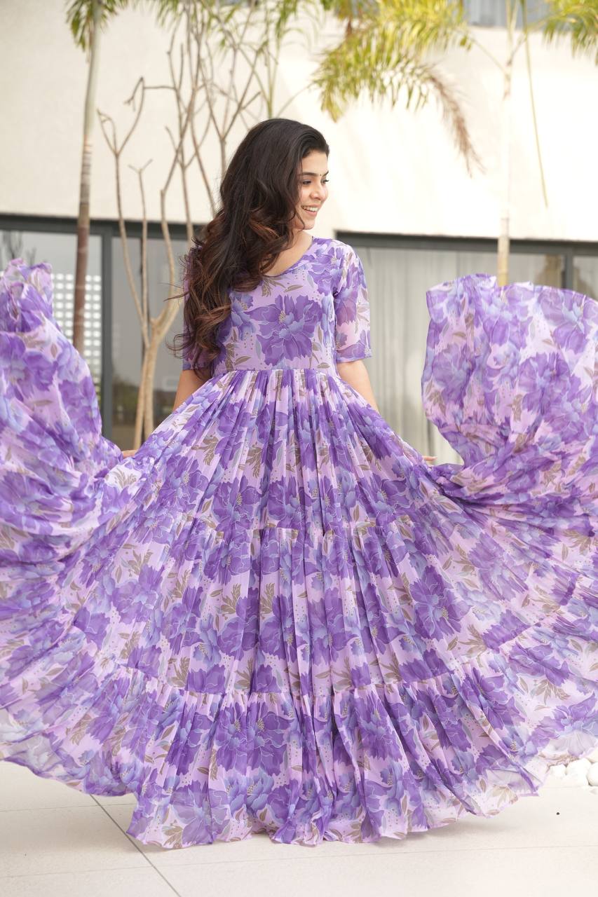 Purple Printed Faux Georgette Gown with Fancy V-Neck | Full Cotton Lining | Ready to Wear