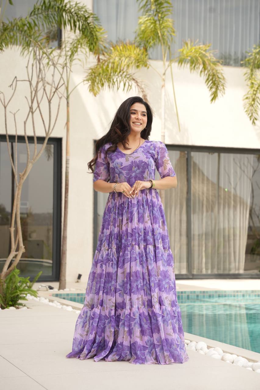 Purple Printed Faux Georgette Gown with Fancy V-Neck | Full Cotton Lining | Ready to Wear
