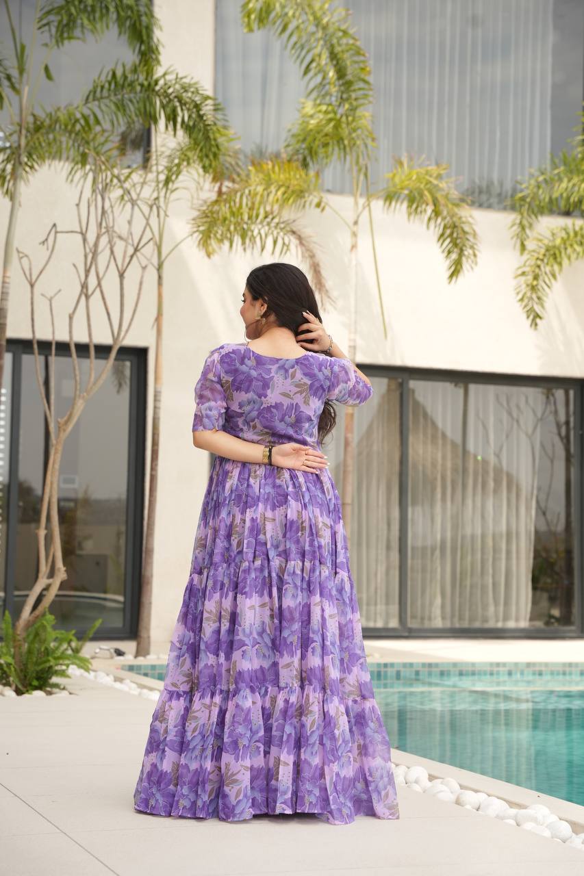 Purple Printed Faux Georgette Gown with Fancy V-Neck | Full Cotton Lining | Ready to Wear