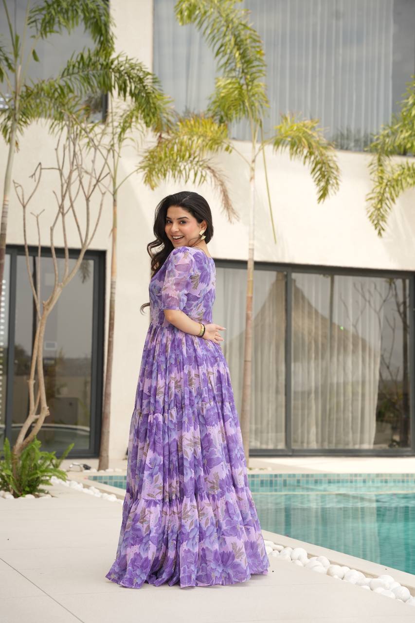 Purple Printed Faux Georgette Gown with Fancy V-Neck | Full Cotton Lining | Ready to Wear