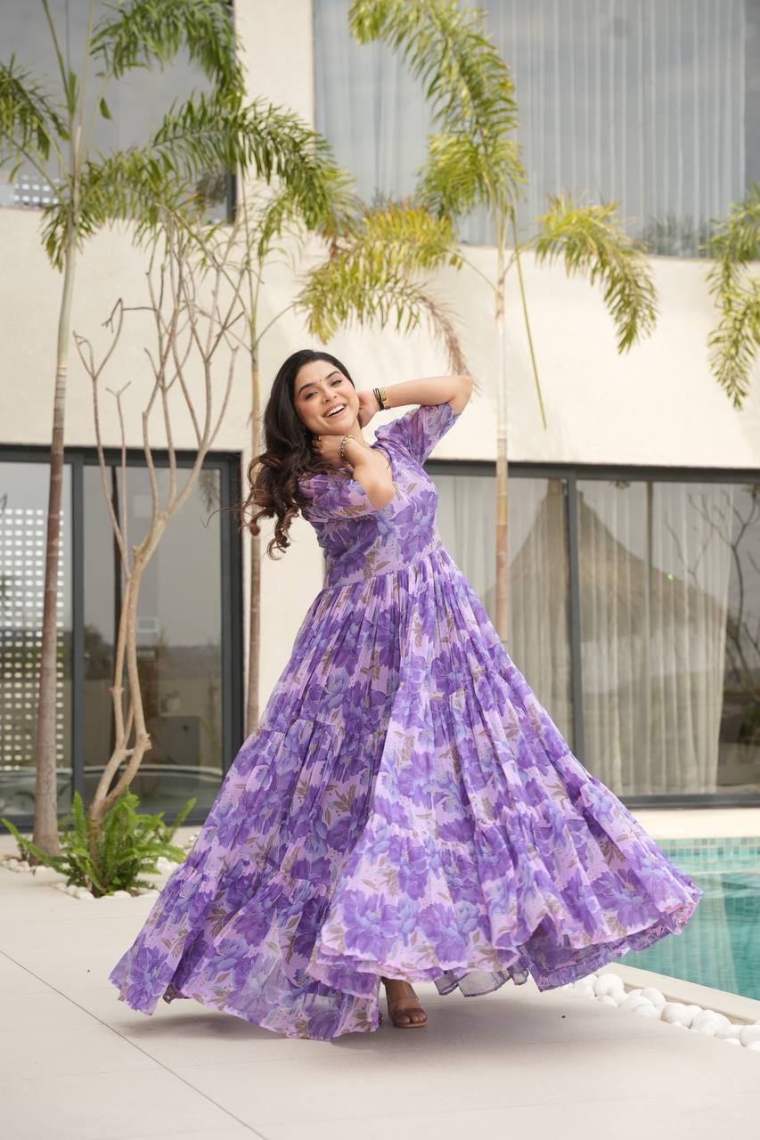 Purple Printed Faux Georgette Gown with Fancy V-Neck | Full Cotton Lining | Ready to Wear