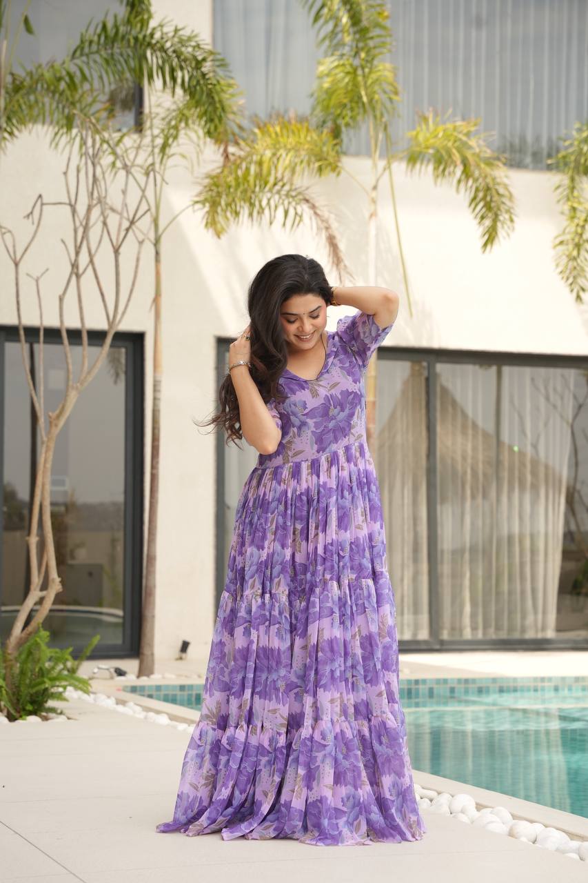 Purple Printed Faux Georgette Gown with Fancy V-Neck | Full Cotton Lining | Ready to Wear
