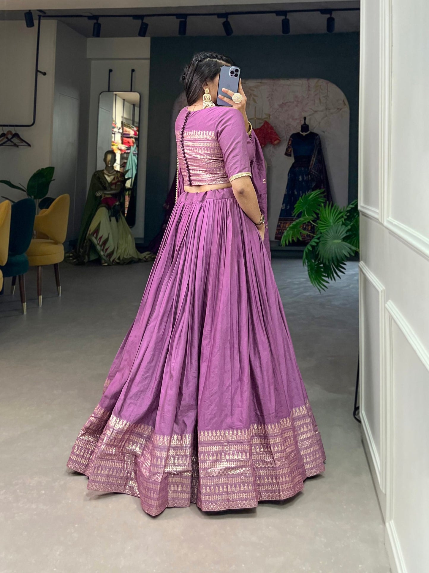 Purple Pure Chanderi Lehenga Choli Set with Zari Border & Sequin Dupatta