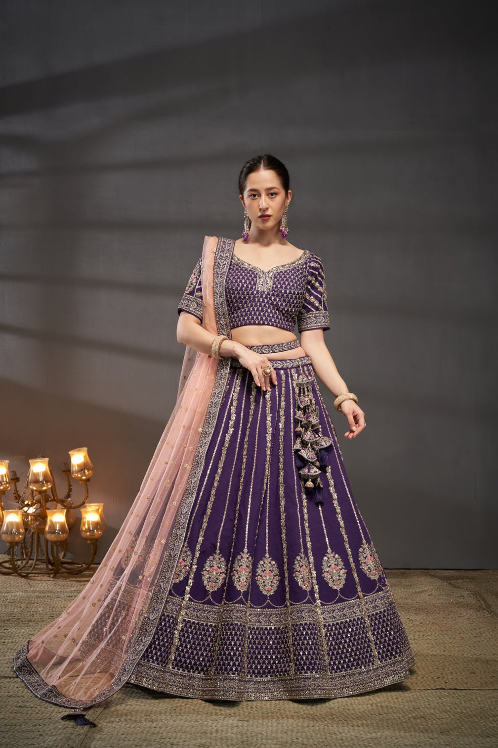 Purple Pure Silk Bridal Lehenga Choli & Dupatta with Moti, Zarkan & Sequin Embellishment
