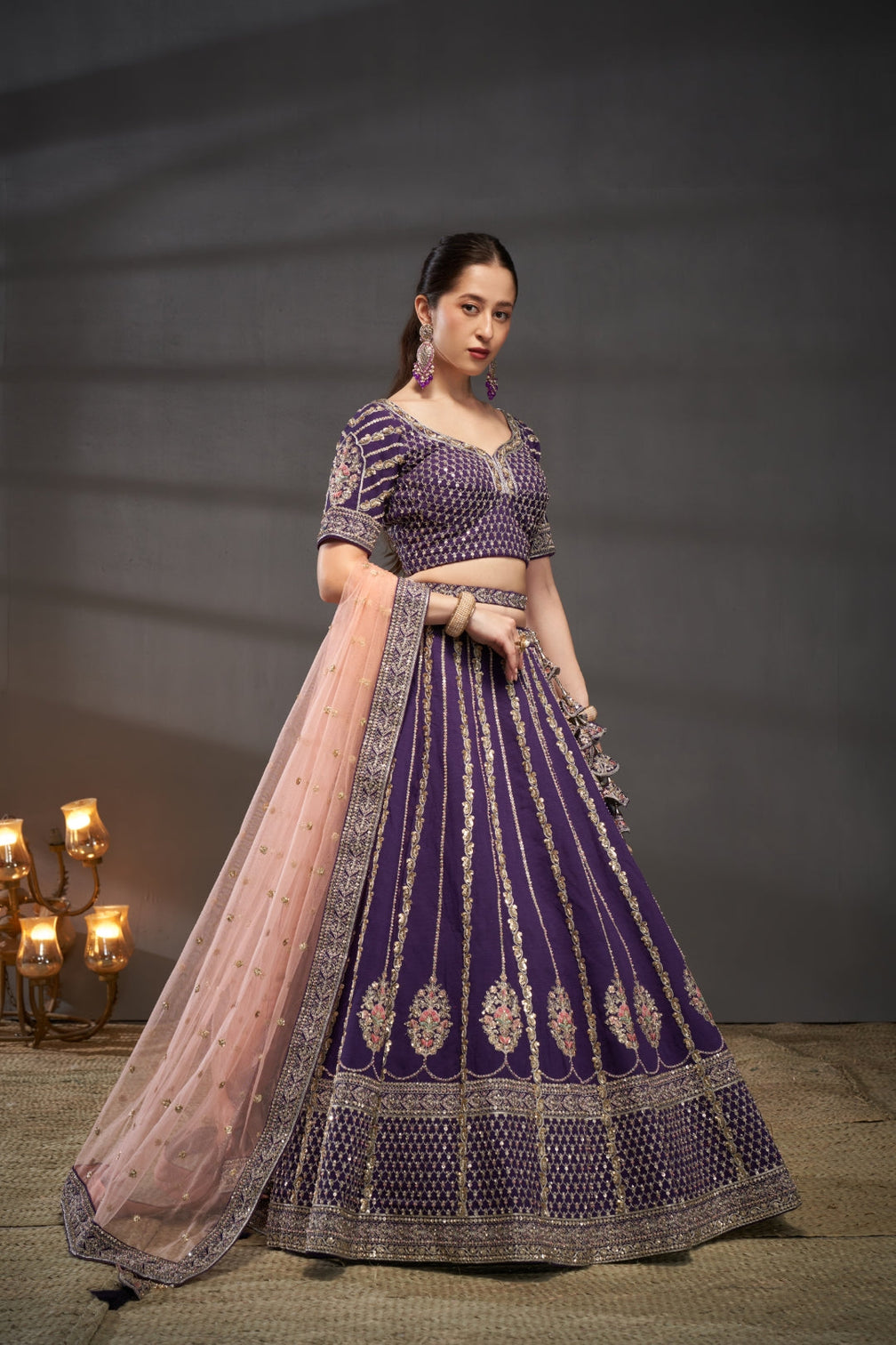 Purple Pure Silk Bridal Lehenga Choli & Dupatta with Moti, Zarkan & Sequin Embellishment