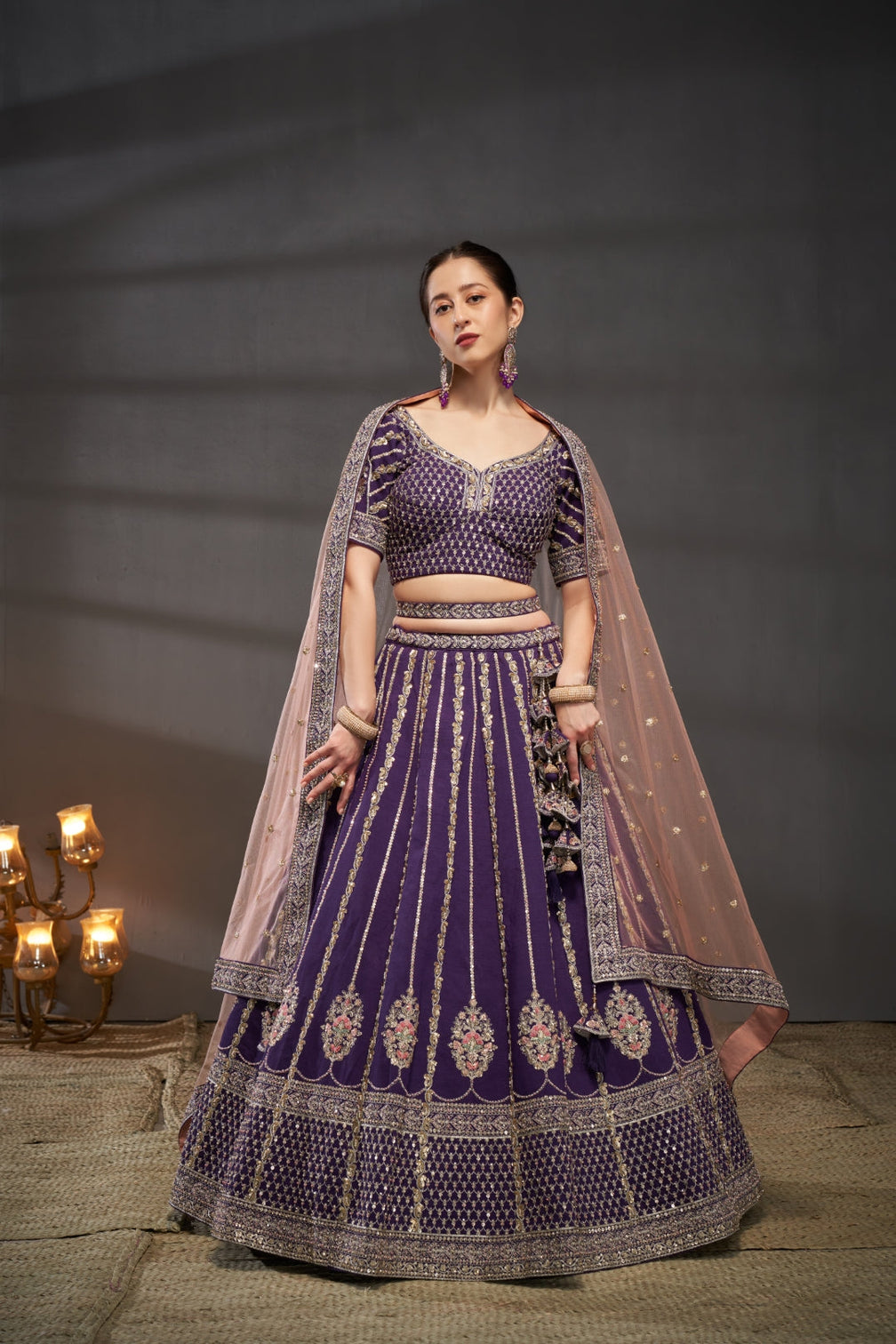 Purple Pure Silk Bridal Lehenga Choli & Dupatta with Moti, Zarkan & Sequin Embellishment