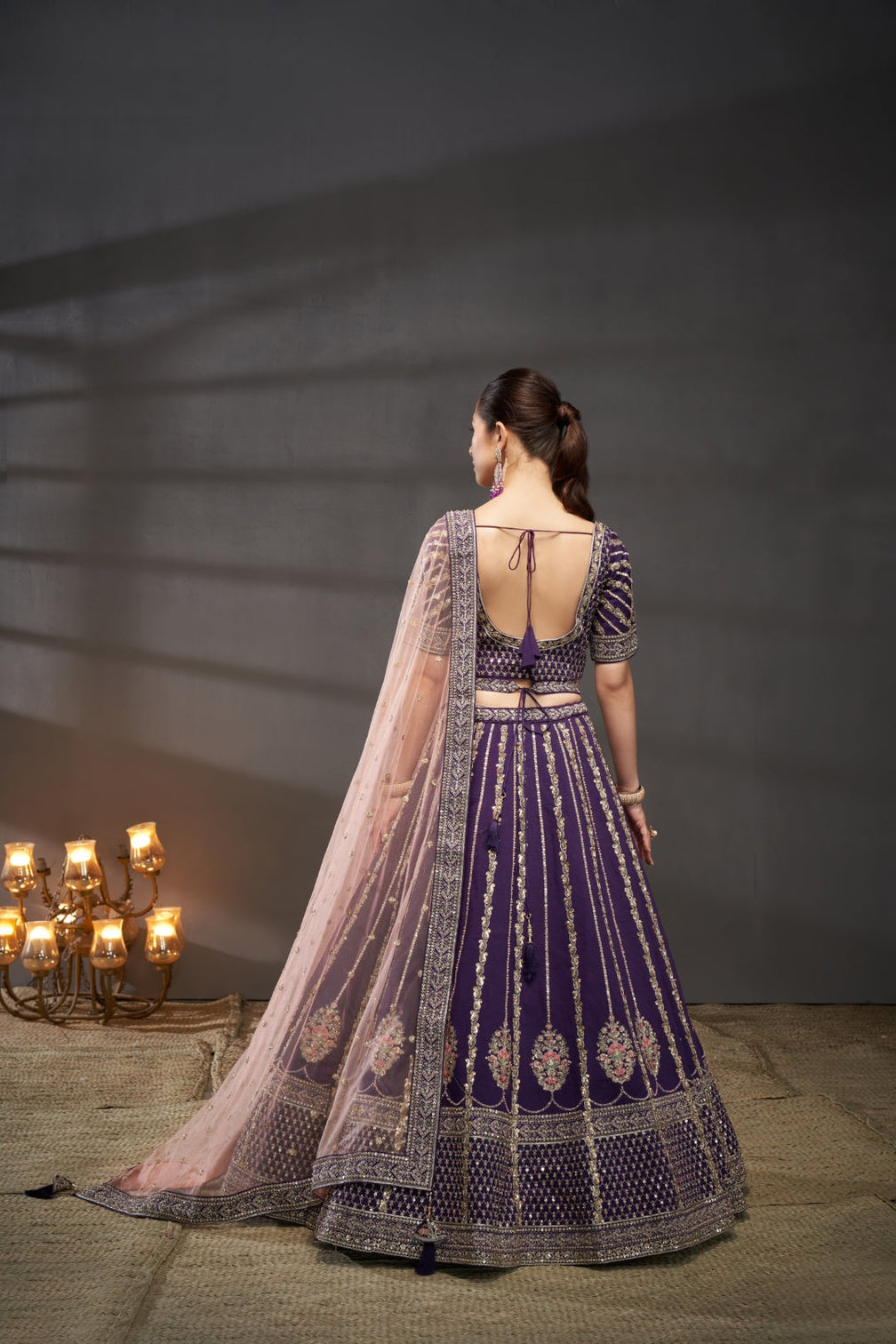 Purple Pure Silk Bridal Lehenga Choli & Dupatta with Moti, Zarkan & Sequin Embellishment