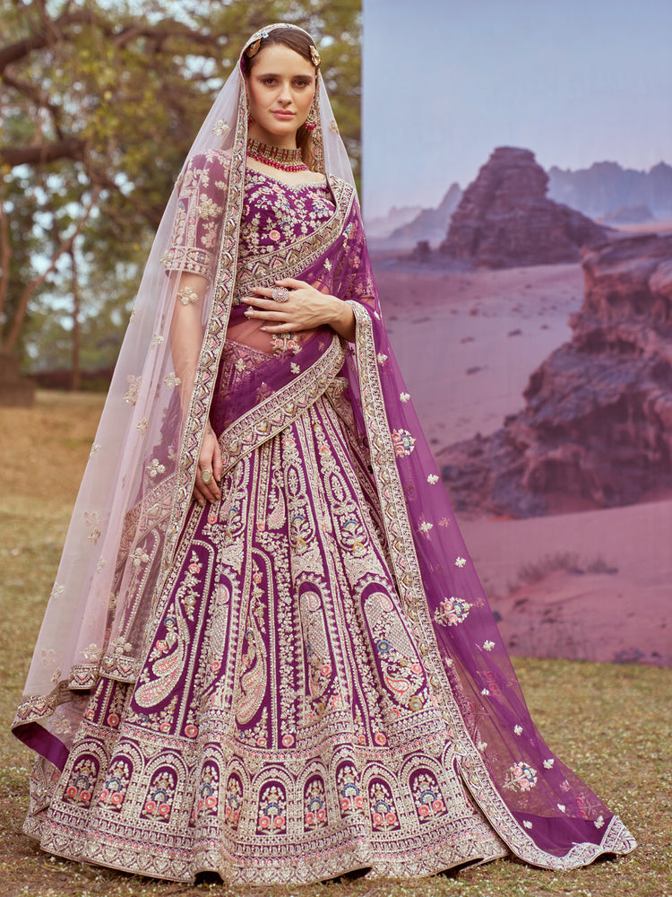 Purple Pure silk Moti, Coding embroidery Semi-Stitched Bridel Lehenga choli & Dupatta