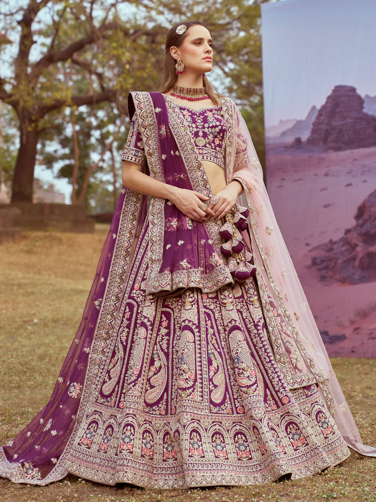 Purple Pure silk Moti, Coding embroidery Semi-Stitched Bridel Lehenga choli & Dupatta