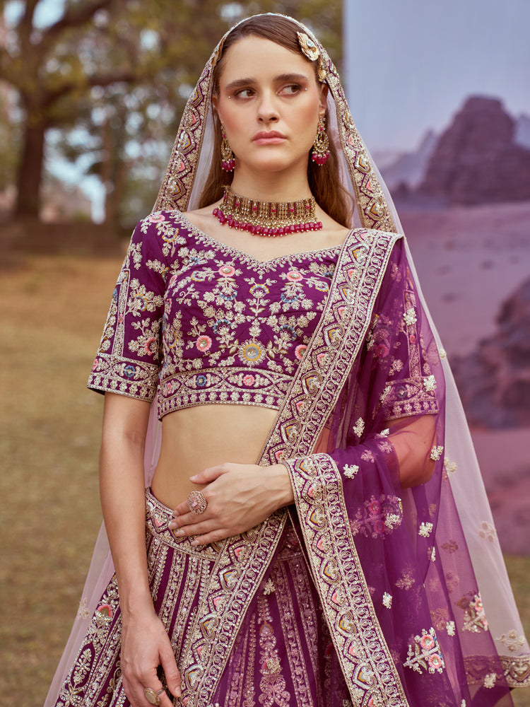 Purple Pure silk Moti, Coding embroidery Semi-Stitched Bridel Lehenga choli & Dupatta