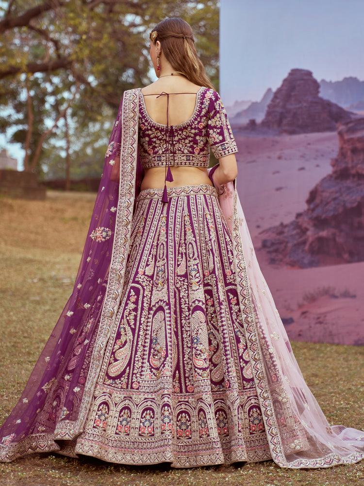 Purple Pure silk Moti, Coding embroidery Semi-Stitched Bridel Lehenga choli & Dupatta