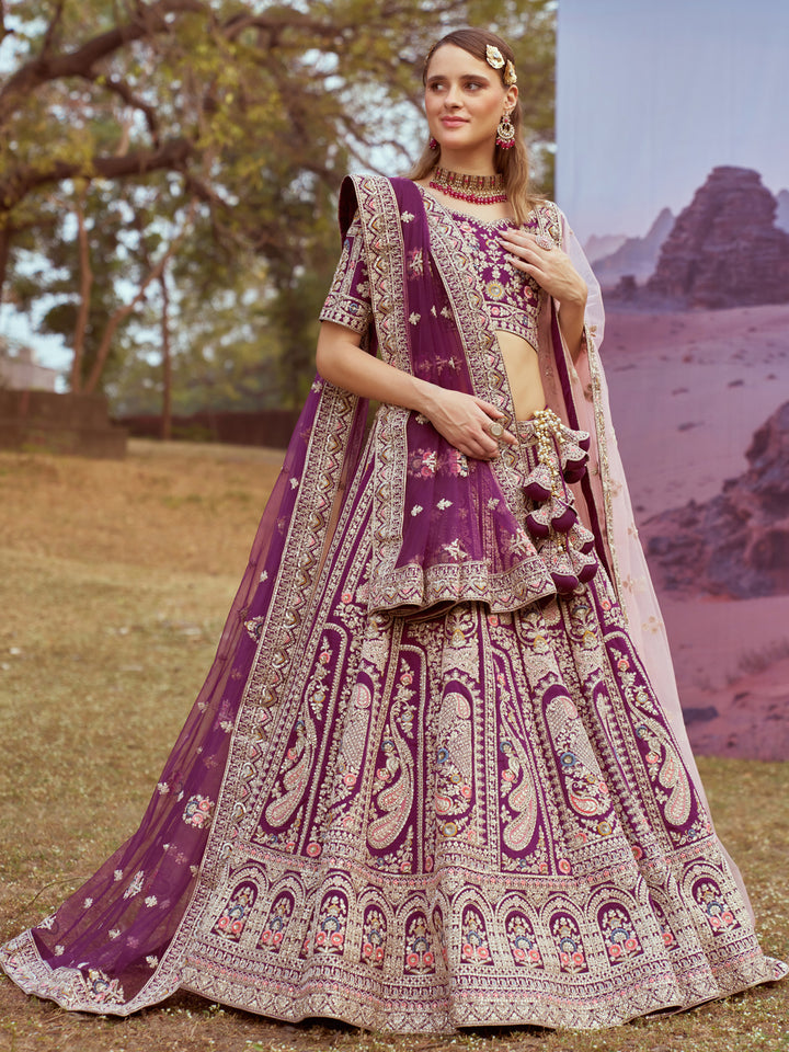 Purple Pure silk Moti, Coding embroidery Semi-Stitched Bridel Lehenga choli & Dupatta