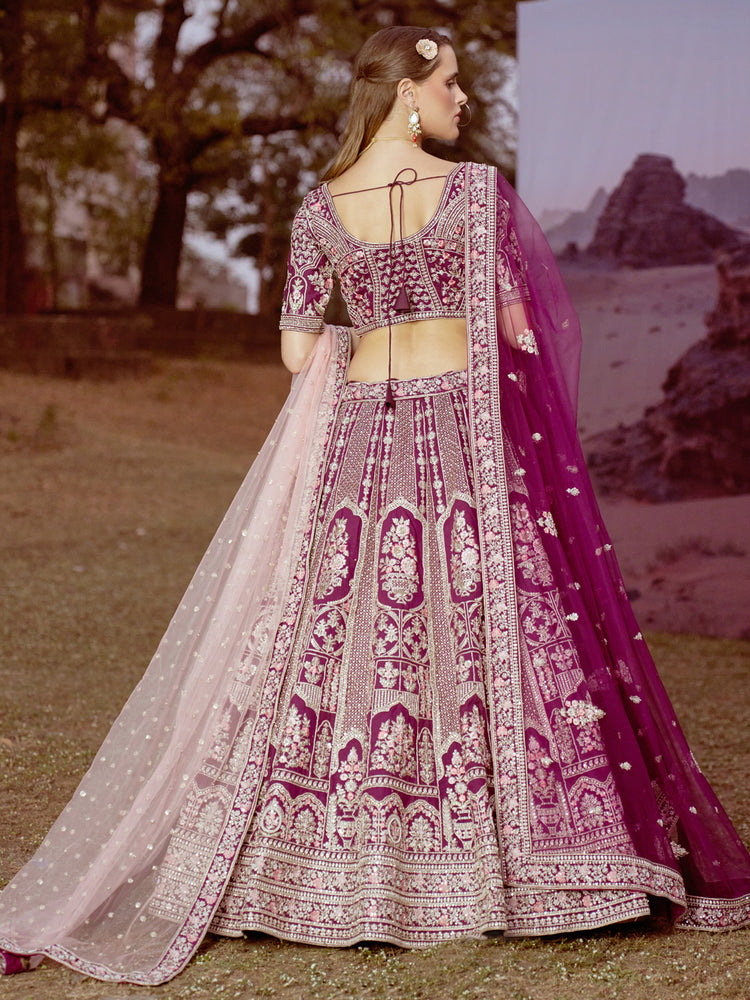 Purple Pure silk Moti, Sequins embroidery Semi-Stitched Bridel Lehenga choli & Dupatta